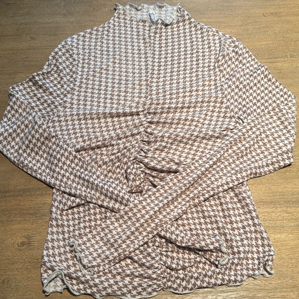 Free People Brown and White Houndstooth Long Sleeve Top